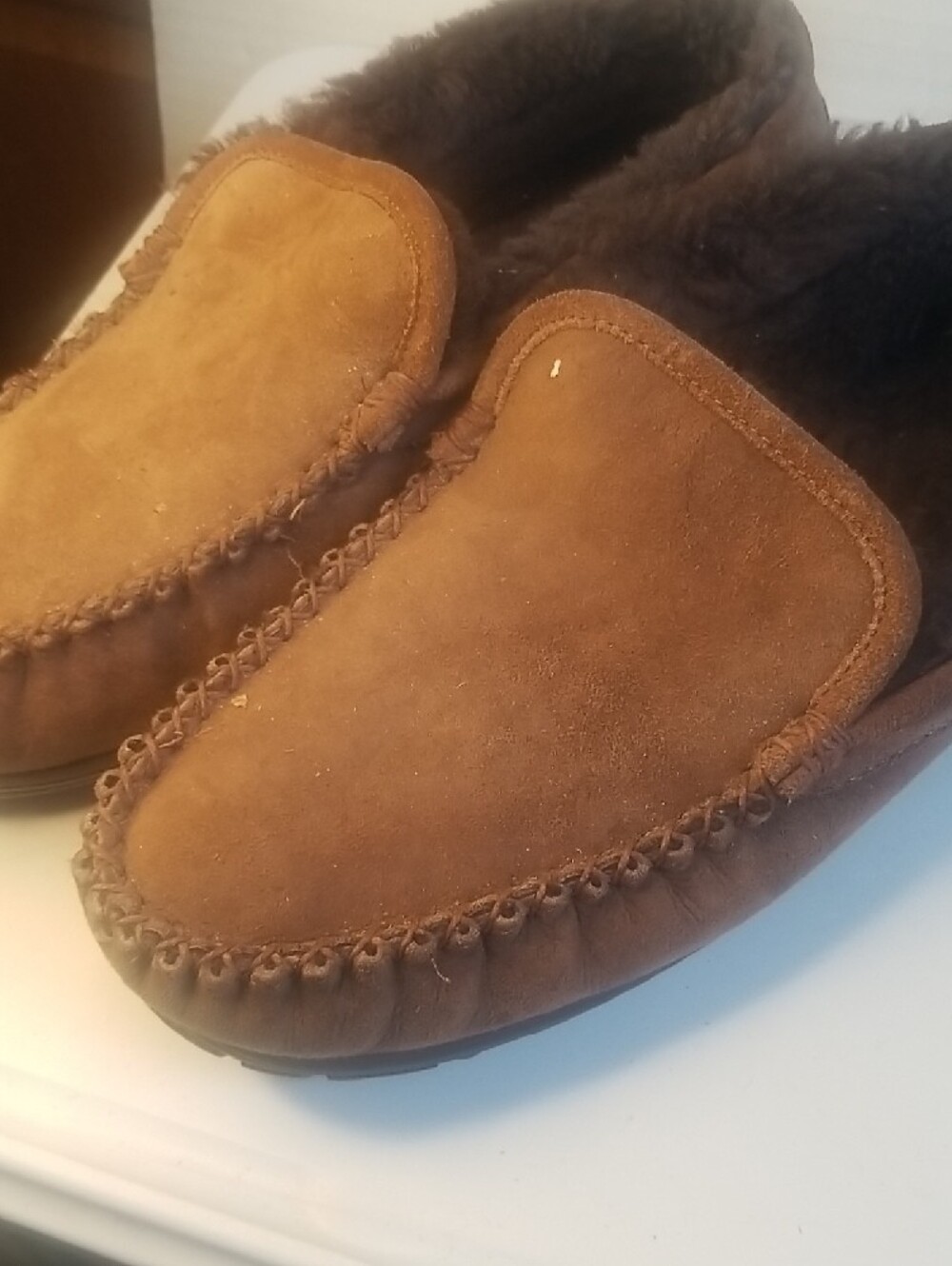 L.L. Bean Men's Brown Suede Moccasin Slippers - Dark Brown Lined Slip-Ons - Picture 6 of 10